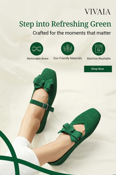 flats, ballet flats, slip on shoes, bow flats, dress shoes, women shoes, casual flats, brand awareness, product launch, minimalist, fresh, calm, green, neutral